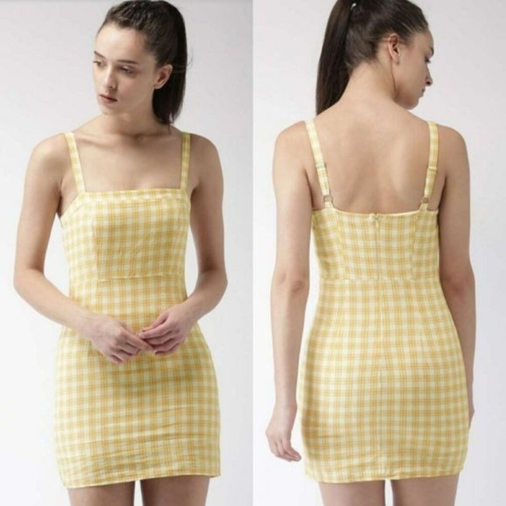 Forever 21 Yellow & White Plaid Sleeveless Mini Sun Dress Women's Size Medium